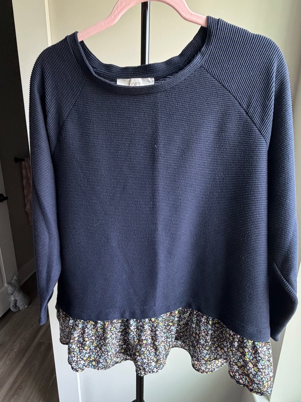 LOFT Navy Pullover with Floral Hem Ruffle